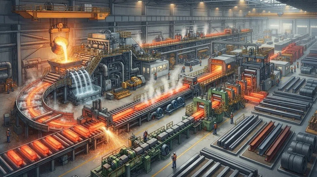 Steel manufacturing process: Industrial production flowchart from continuous casting to steel rolling