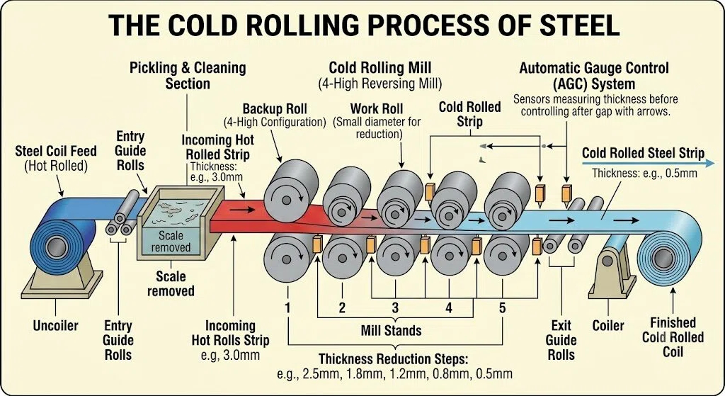 A technical flowchart diagram showing the continuous cold rolling process of steel, from uncoiler feed, scale removal, multi-stand 4-high reversing mill reduction steps, to automatic gauge control (AGC) and final coiling.