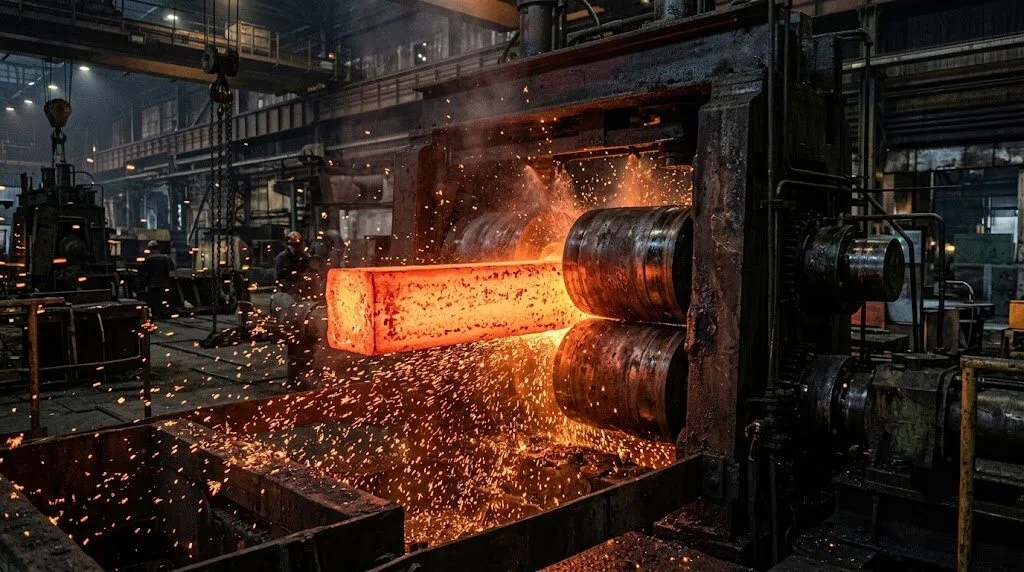 A massive, glowing red-hot rectangular steel bloom undergoes high-pressure deformation as it passes through heavy rolling mill cylinders with sparks flying in a dark steel factory.