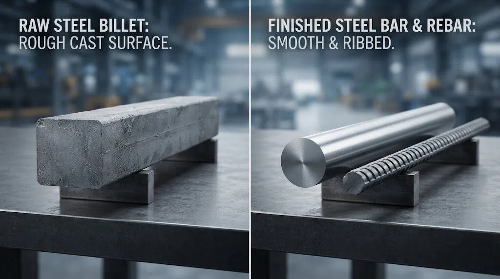 Comparison of raw material steel billets with finished steel products and rebar: Illustrates the appearance differences between cast steel billets and the smooth round steel and rebar that have undergone rolling processes.