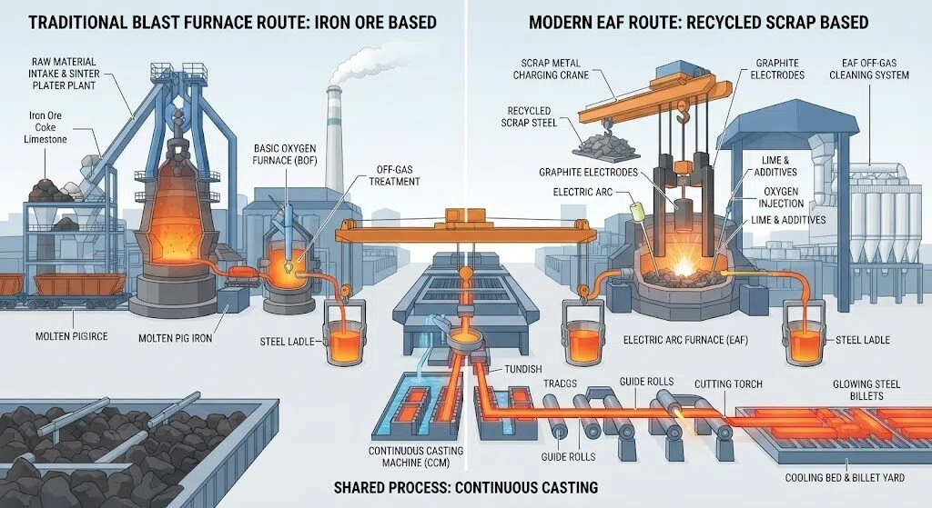 Comparison diagram of traditional blast furnace steel production versus modern EAF electric arc furnace scrap recycling, illustrating the continuous casting process for steel billets.