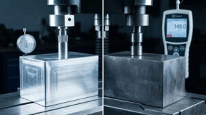 Comparative tensile test showing the deformation difference between a billet aluminum block and a structural steel block under a hydraulic press.