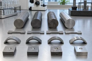 Unmarked round steel bars beside prepared tensile, bend and indentation specimens.