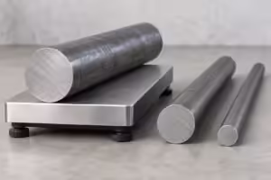 Solid round steel bars of different diameters beside an industrial weighing platform.