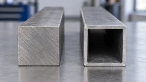 Equal-width solid square steel bar and hollow square tube shown at their cut ends.