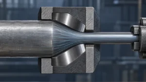 A steel bar narrowing as it passes through a drawing die, with internal flow lines.