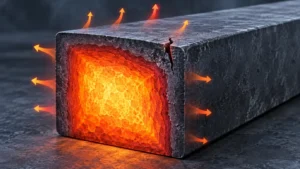 Conceptual cutaway of a billet with a solid shell, hot interior and a localized surface crack.