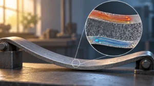 A bent steel spring with a magnified illustration of a thin altered surface region.