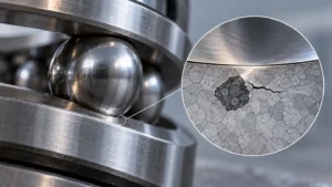 Bearing ball and race with a magnified illustration of an inclusion beneath the contact surface.