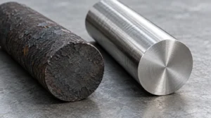 A dark scale-covered steel bar beside a bright metallic bar with a finished surface.